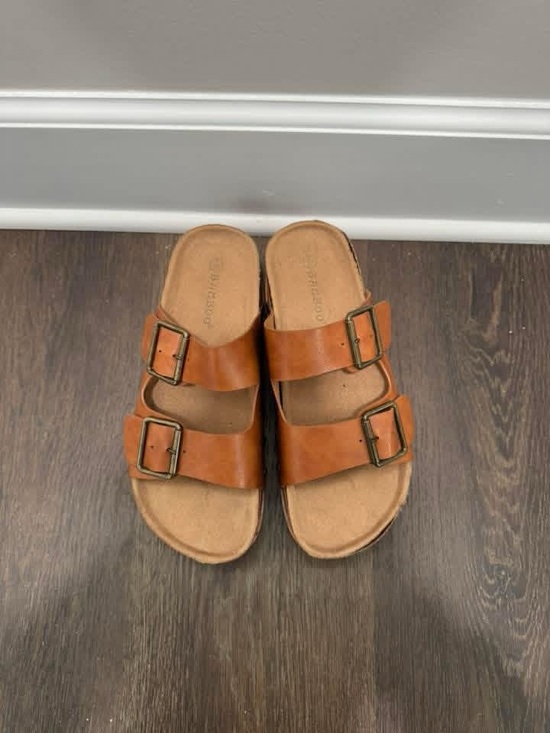 BAMBOO Shoes - BAMBOO Tan Dual-Buckle Wedge Slide Sandals